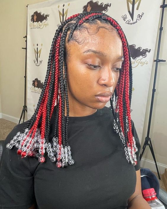 Red And Black Knotless Braids With Beads 2023 - Gist94